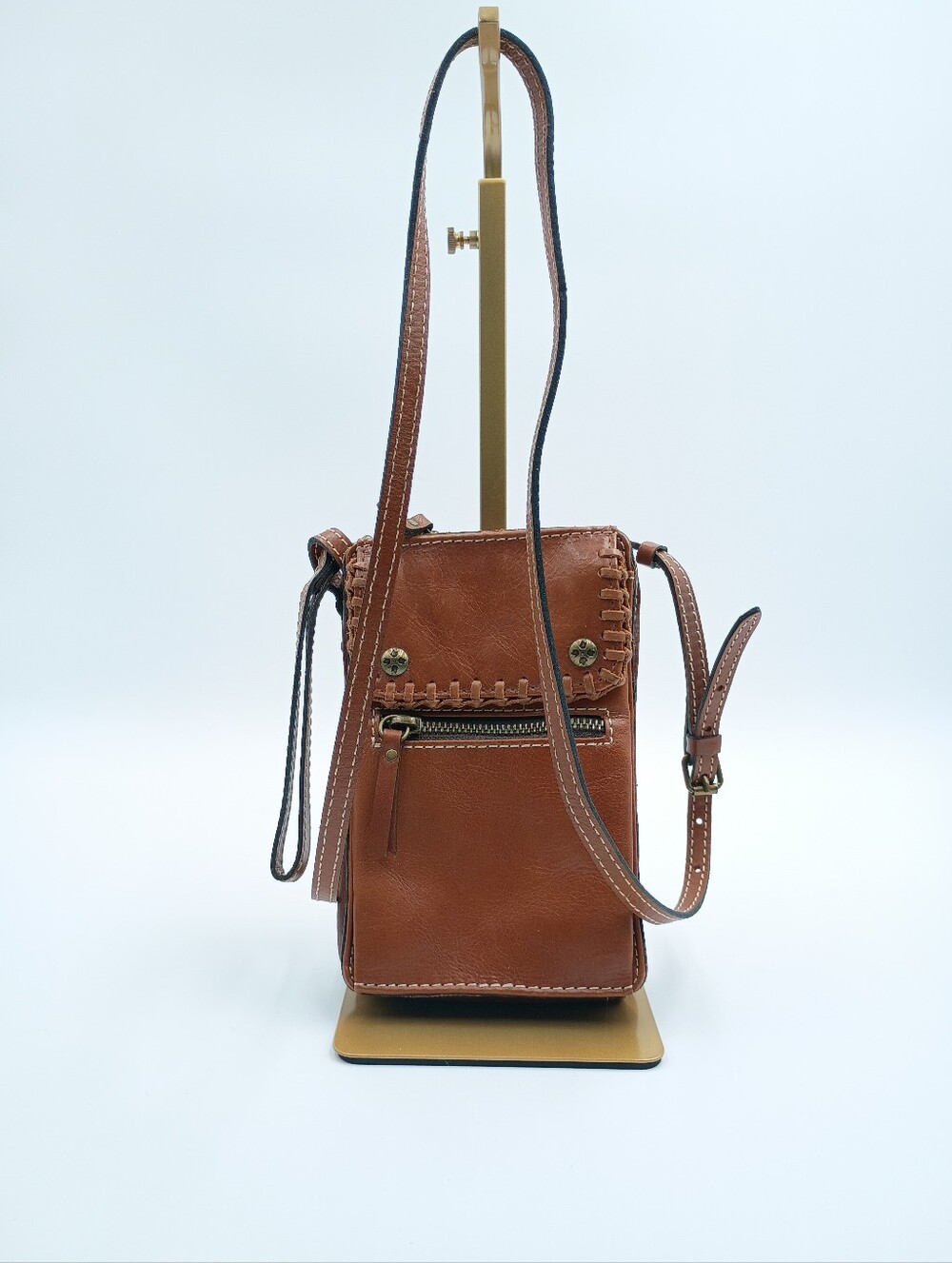 Patricia Nash Tan Leather Camerini Crossbody Wristlet Phone Bag Boho Stitched